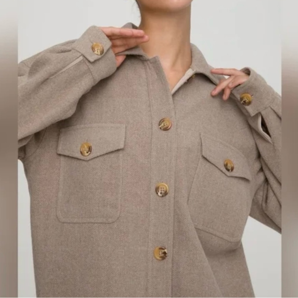 Good American Oversized Heathered Sepia Shacket Jacket Size 5/6 (XL/2XL) Pockets
